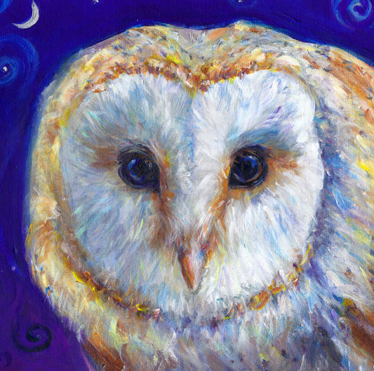 The head of a barn owl, looking directly at the viewer. The background is deep blue.