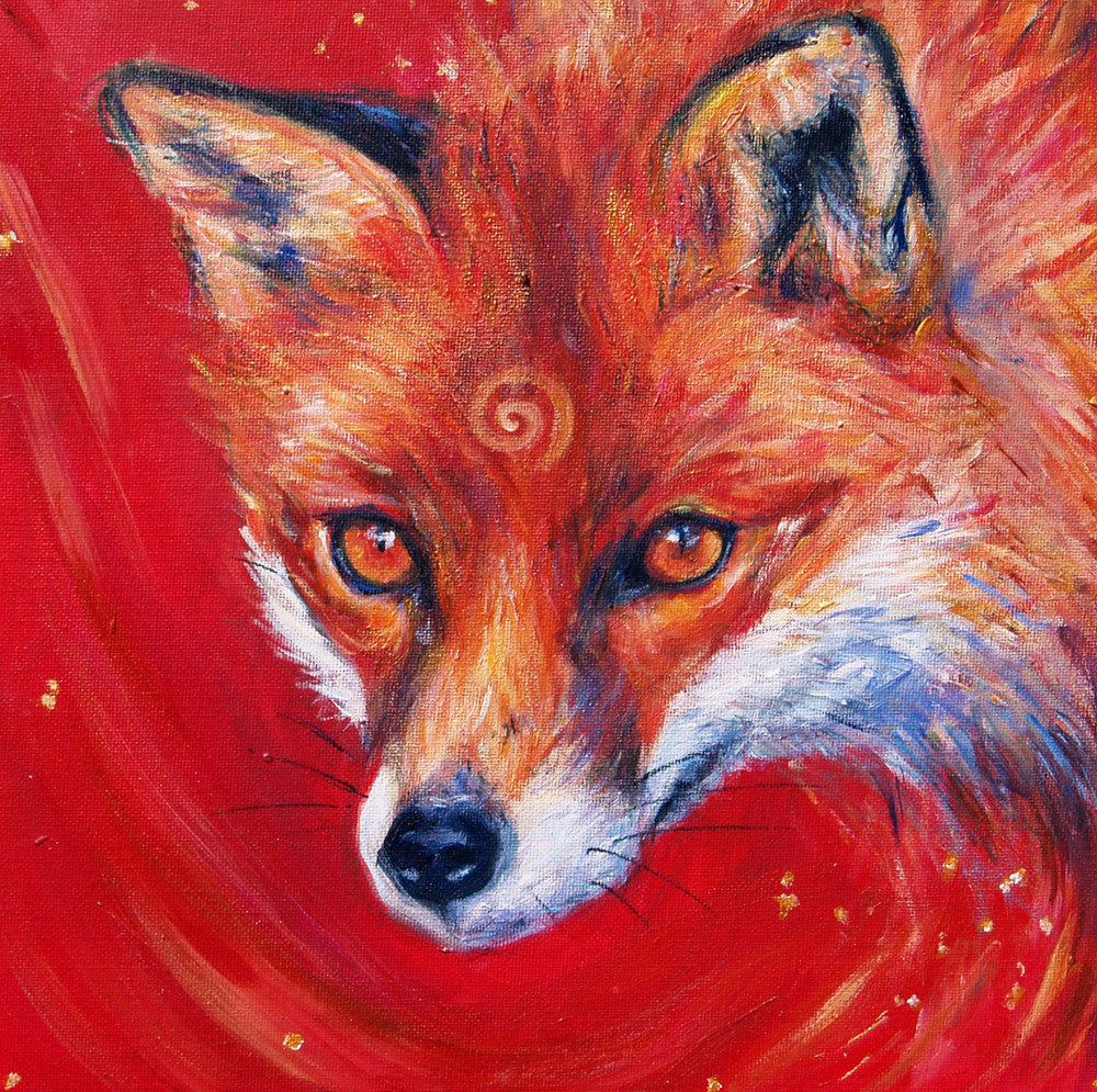 The head of a red fox looking at an angle towards the viewer, coming into the painting from the right. A pale-coloured spiral is coiled on their forehead. The background is red.