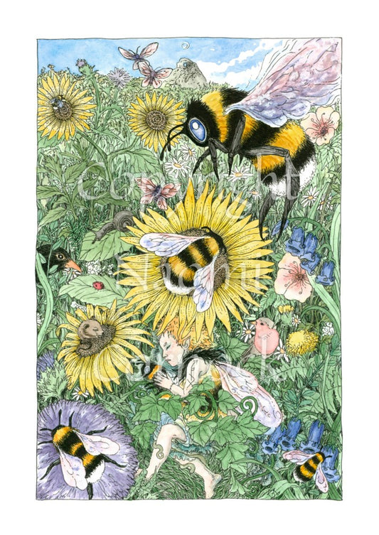 A meadow of green foliage and yellow, blue, pink and purple flowers rises towards a blue sky in the distance. A bee descends towards a central yellow flower. Another bee is already sitting in the middle of it. At the bottom, a fairy with orange hair and bee-coloured dress sleeps while holding a bee. Birds, mice and insects including butterflies are scattered throughout.
