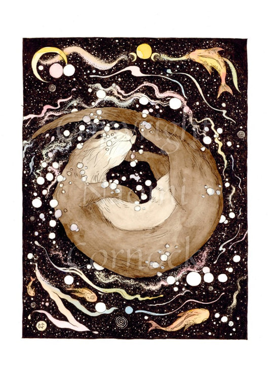A brown otter curls as he frolics in the dark water. He's surrounded by fish, bubbles and swirls. A triple moon appears at the top, flanked by a crescent moon on one side and a fish on the other.