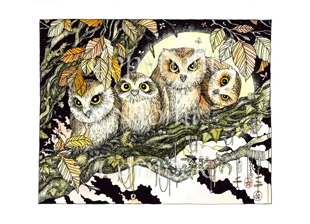 Four owls sit on the branch of a tree looking towards the viewer. One owl at the end has his head tilted sideways. Brown leaves splay down from above and a full moon shines behind them. Clouties and other offerings are wrapped around a branch below them.