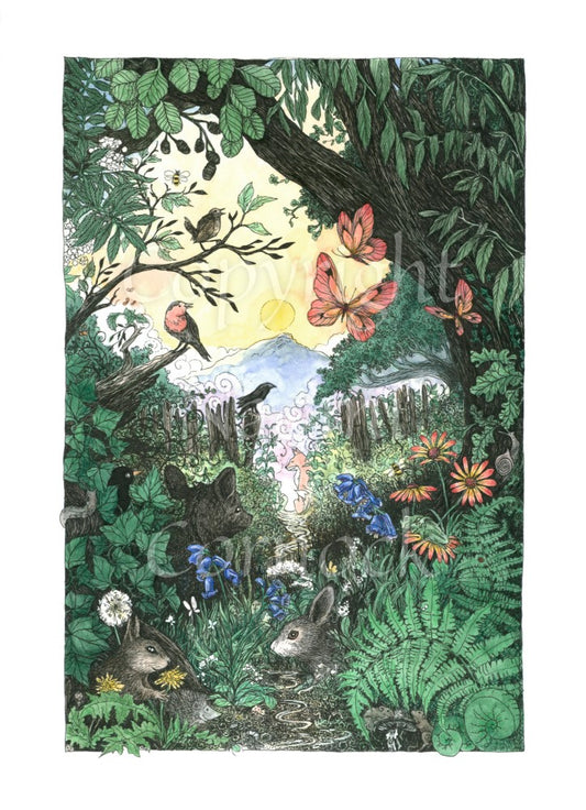 A narrow path leading out of woodland is lined with plants and flowers. Rabbits, hedgehogs and other small creatures are dotted along the path. A fox sits at the far end. A large tree in full leaf looms overhead, and butterflies flit under the branches. Birds sing from the branches of another tree. Mountains and a rising sun can be seen in the distance.