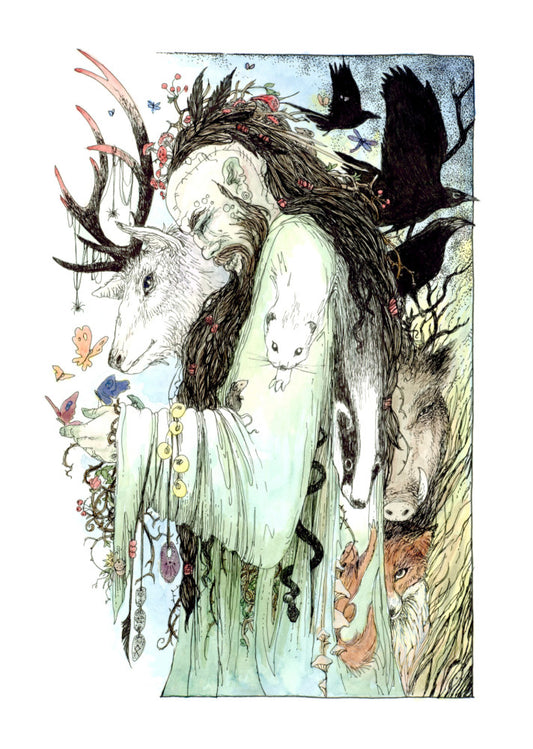 A male figure with long brown hair and beard, both cascading down his body, stands sideways wearing a pale green flowing robe. The side of his head is shaved, and tattooed with a line of characters from the Ogham alphabet. His bound hair contains fungi, a group of feathers, and a mouse. He looks down towards butterflies sitting on his hand. Runes dangle from his arm. A mouse sits in the crook at his elbow. A white stoat appears to form from his shoulder and run down his arm, a badger from his back ...