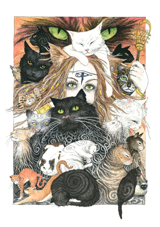 A mass of cats of all colours and in many poses surrounds the face of a red-haired woman with cat-slit eyes and ears, and a Eye of Horus symbol on her forehead. A white cat sits on her head. She holds a gold-coloured sistrum (a type of rattle) in one hand. The head of a much larger cat with green eyes appears above and behind them. Colours are oranges, reds, black and white.