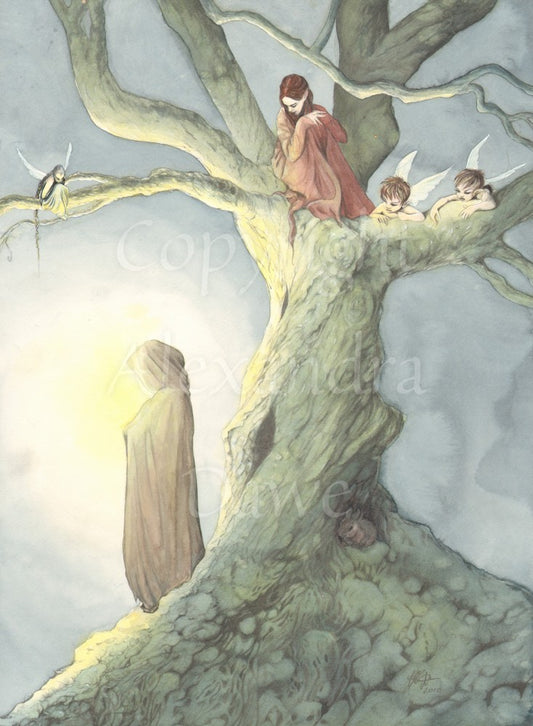 In the centre of the design is a pale grey-green tree with a twisted trunk, with bare branches spreading out from the top. A rabbit crouches at the bottom. Beneath the branches to the left, a brown-cloaked figure stands facing to the left, its head and shoulders glowing. Sitting at the top of the trunk, looking down at the cloaked figure, sits a red-haired elf in a red dress. Two small fairies with white wings watch along one branch. Another fairy watches from above the figure.