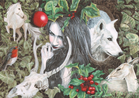 A woman with long dark hair, facing to the left, is surrounded by ivy. A white horse stands at the top left, to the right of the horse, a red bauble and a sleeping fairy. A wolf appears from a tree trunk or portal to her right. On the left of the painting, a robin perches on the ivy, with the skull of a stag below. At the bottom there's berried holly, and to the right, a deer rests in the undergrowth.