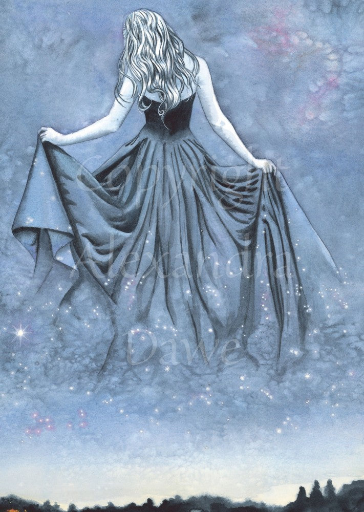 A woman with long hair and wearing a flowing blue dress, with her back to the viewer, holds up her long skirts as she walks into the night sky. Behind her trail stars. Beneath her, the silhouette of a village in the fading light. Colours are dusky blues.