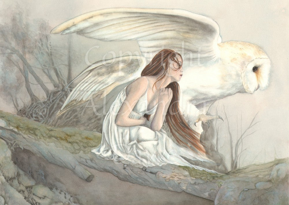 A woman with long red hair and wearing a sleeveless white dress sits on a branch. Her arms are wrapped around her, and she looks to the right, beyond the branch. Behind her, an owl, larger than the woman, prepares to fly, wings opening and stepping forward. Colours are muted blue-greys and white.