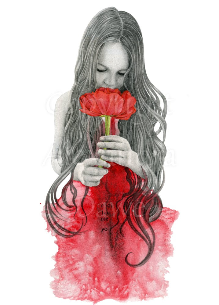 A drawing of a young girl with long hair holding a large red flower to her nose. The girl is entirely monochrome, whereas the flower is in colour. Only the top half of the girl is drawn; below that the painting flows into an area of diluted red ink.