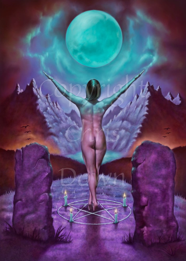 A naked woman stands with her back to the viewer, on her toes with one foot slightly in front of the other, and arms upwards and outstretched towards a large, blue, glowing full moon, which rises above a distant mountain pass. Her arms and shoulders, and the clouds around the moon, glow from the light of the moon. She stands in the centre of a pentagram with lit candles at the points. To the left and right, nearest the viewer, are two standing stones. Colours are rich reds, purples and blues.