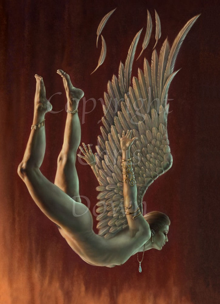 A naked, pale gold coloured, human-shaped angel falls front-first. Her arms, legs and wings are stretched back and up, and she's losing a few feathers. She appears to be falling towards flames, which are down below the level of the design. The background is mid-orange at the bottom, progressing towards very dark orange at the top.