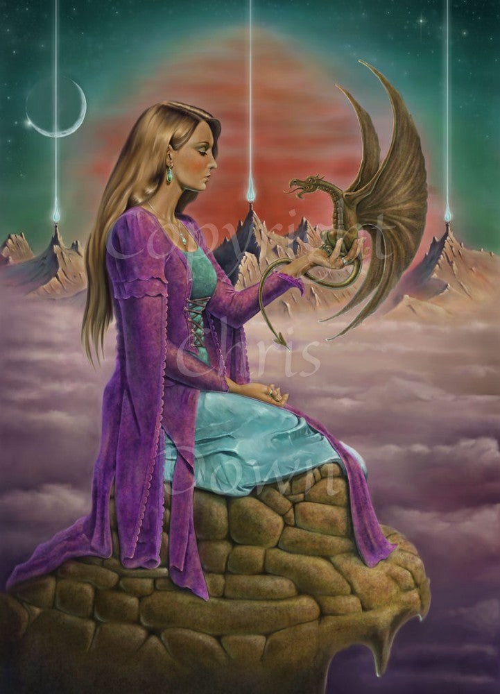 A tiny brown dragon perches on the outstretched hand of a woman, wings open and head reaching towards her. The woman is wearing a teal and purple dress and is sitting on a mound of stones, apparently above clouds. A distant mountain range can be seen behind her. Three towers to the left, middle and right of the mountains emit shafts of light upwards. Beyond that, a crescent moon can be seen within a red and green night sky.