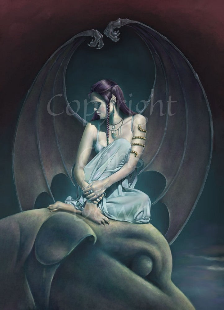 A demon sits on the head of a statue of an animal, legs folded, arms wrapped around them. Her head is turned to the side. She's wearing a thin blue dress and has long purple hair. Her toes resemble claws, and she has large wings, similar to a bat with clawed fingers at the end.