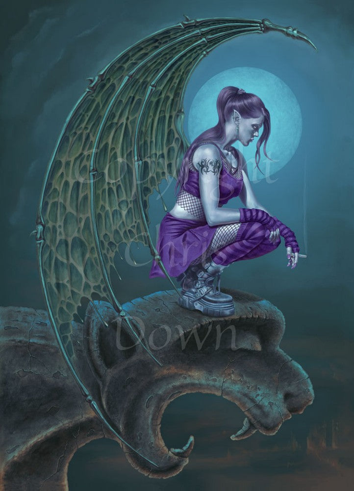 A female demon with pointed ears and huge wings which curve above and down below her, sits on the head of a gargoyle, smoking a cigarette. Her wings have the appearance of snake skin, and end in sharp points. She's wearing all purple - crop top, short skirt, leggings and gloves, and black gothic buckled boots. It's dark and the full moon glows, appearing directly beyond her head and shoulders.