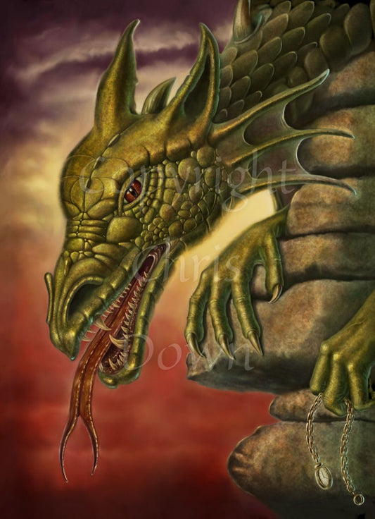 A red-eyed, golden-brown scaly dragon dominates the design. Only the head, neck and front feet are visible. The dragon leans forward over a stone pillar, facing to the left. He clutches a watch dangling from a chain in the toes of his left foot. A red forked tongue protrudes from his open mouth. The background is mottled reds at the bottom, changing to yellow and then purple clouds at the top.