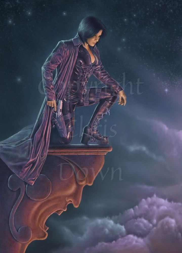 A woman with short dark hair and wearing tightly-fitting purple leather, a long flowing overcoat, and tall boots, kneels on top of a gargoyle. One hand is on her handgun, partly drawn from the holster on her thigh, as she watches something below her. Dark starlit skies can be seen behind her, and purple clouds below.