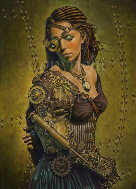 A woman leans against a riveted bronze metal surface. She looks to the left; her right eye has a mechanical contraption attached to it, strapped to her head. Her right arm is a completely mechanical and hydraulic device, all the way to her shoulder. She's wearing a brown bodice and teal skirt, and a watch on a pendant around her neck.