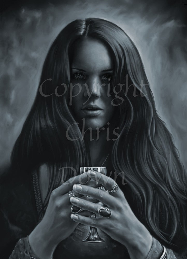 A monochrome painting of a woman with long dark hair using both hands to hold a small silver goblet or chalice in front of her chest. Her lips are slightly parted and she's looking directly at the viewer.