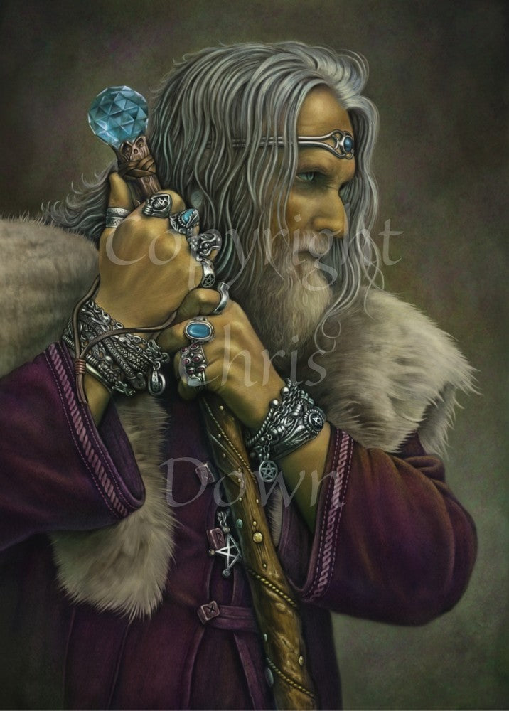 A man with long grey hair and a beard leans on his staff, looking intently to the right. He is wearing a deep purple coat with a pale-coloured fur mantle, and many silver bracelets and rings. A silver pentagram can be glimpsed from behind his staff. The top of the wooden staff has a large, turquoise jewel at the top.