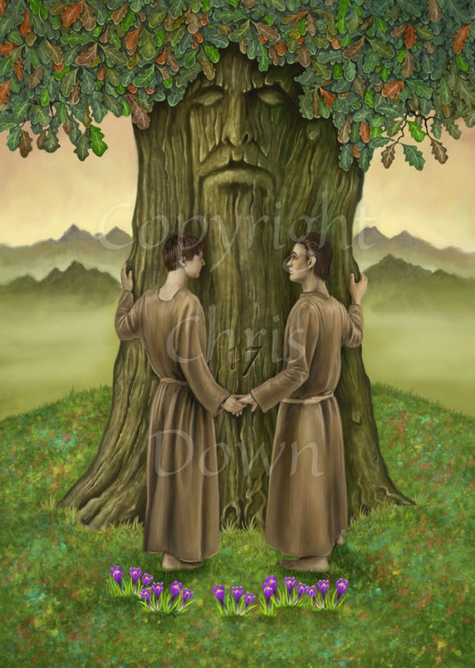 Two people in plain brown robes stand together facing an oak tree with a very wide trunk. They hold hands, with their free hand on the tree. The tree has a face, its eyes closed, masses of green and red leaves, and '17' is engraved in the trunk between the people. They stand on grass, with purple crocuses in bloom behind them. Mountains can be seen in the distance. 