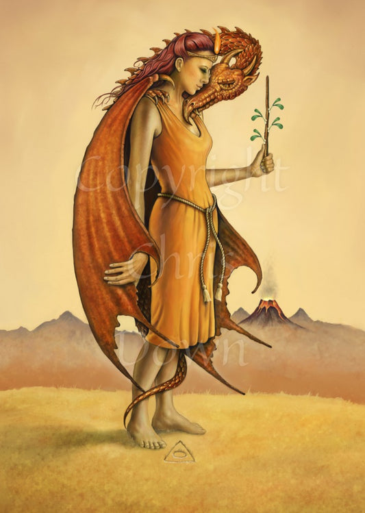 A woman in an orange dress and holding a wand upright in her left hand, faces to the right. Wrapped around her body with its head under her chin, is a deep orange dragon. She holds the edge of the dragon's wing in her right hand. In the distance, a volcano erupts. Colours are yellows and oranges.