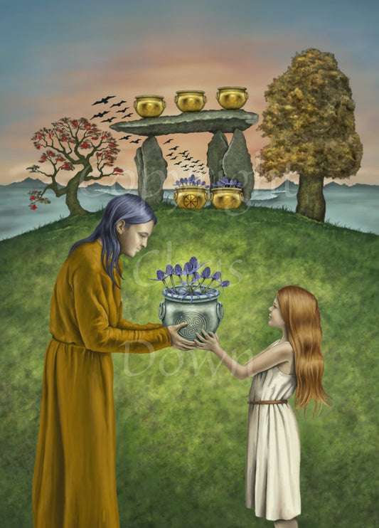 An older person with long grey hair holds out a silver cauldron, containing thistle flowers, to a young girl. Behind them, at the top of a small hill, stands a Neolithic dolmen burial chamber. Five gold cauldrons lie on top and at the foot of the chamber. Trees stand to the left and right, and a flock of birds approaches from the distance.