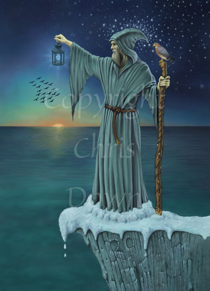 A man in a long teal robe with pointed hood and sleeves and a brown leather belt stands in snow on a cliff edge. He faces to the left and out to sea. In his right hand he holds a lantern, the light within shaped like a six-pointed star. In his left hand he holds a wooden staff, with a bird perched on top. It's dusk or dawn, the sun can be seen just rising - or falling - on the horizon, creating an orange glow in the sky. A flock of birds fly to the left. Stars shine in the sky behind him.