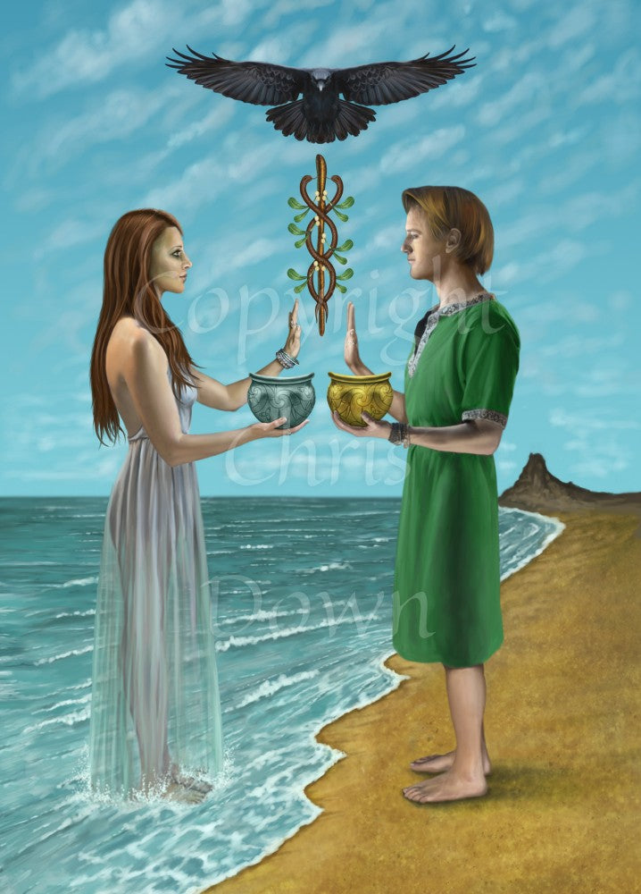 A woman and a man stand on a shoreline facing each other. The woman stands on the left in the water. She has long red hair and is wearing a sheer grey dress. The man stands on the right on the sand. He has short brown hair, is barefoot and wearing a green tunic. In the hand nearest the viewer, the woman holds a silver cauldron, and the man a gold cauldron. Their other hands are held up, palm forward, towards the other. In between and above their palms are two intertwined wands. A raven hovers above them.