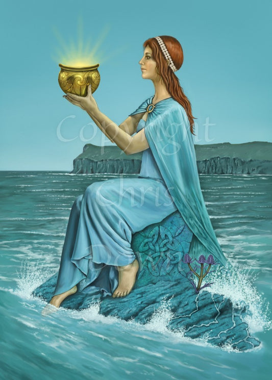A red-haired woman sits on an outcrop of rock surrounded by the sea. She is wearing a long teal dress and cloak. In her hands she holds a gold cauldron with golden light shining from within. Cliffs can be viewed in the distance. The overall colour is teal.