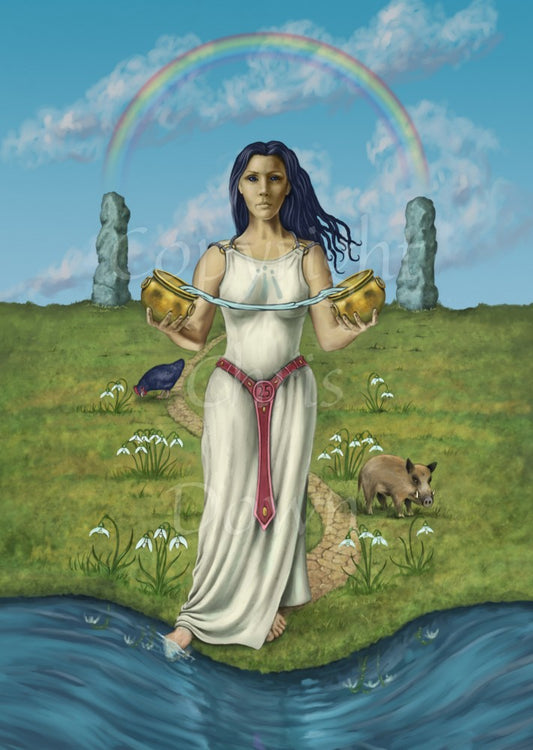 A woman in a white dress with a red belt stands in a grassy field next to a river, one foot in the water. In her hands, held in front and slightly to the side, are two gold pots. Water flows from one pot to the other. In the background are two standing stones, one each side of her. A rainbow goes from one stone to the other. Behind her, a small path winds towards the stones. To the left is a cockerel, to the right, a wild pig/warthog. Snowdrops are scattered in the grass. The sky is blue with a few clouds.