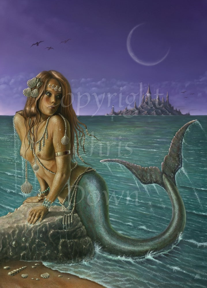 A mermaid leans on a rock, using her arms to hold herself clear of the water. She's on the shoreline, and is looking over her shoulder, across the teal-coloured sea, towards a rocky island with tall, pointed buildings on top. The sky is purple, and a crescent moon and flying seabirds are visible. The mermaid is naked with a teal fish tail, curled up towards her back. There's silver jewellery draped around her body, and she has seashells in her long hair.