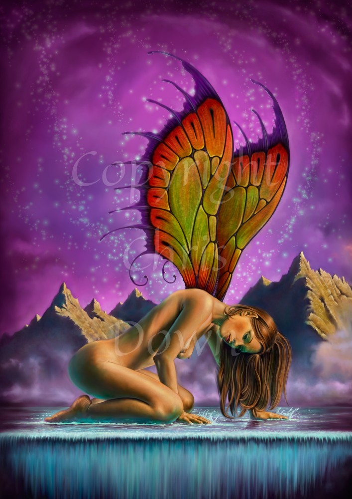 A naked woman - or fairy - kneeling and facing towards the right, is at the top of a waterfall, her head bowed towards the water. Out of her back rise a pair of wings in shades of green and red, and with feathered dark edges. Mountains can be seen in the distance, and a purple starlit sky above.