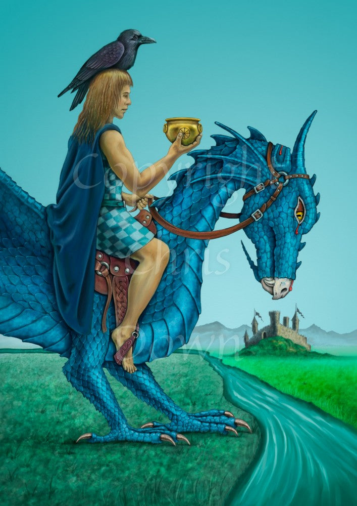 A man sits in a saddle on the back of a vivid blue dragon. He is wearing a long blue cape, short blue-chequered tunic, and is barefoot. In one hand he holds the reins, in the other he holds a gold cauldron. A raven sits on his head. The dragon looks down at a river which flows past his feet. A castle can be seen in the distance.