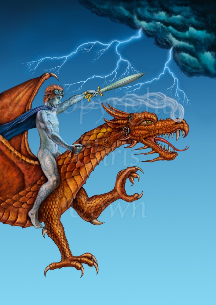 A naked man covered in swirly tattoos sits on the back of a deep orange dragon, flying towards the right of the design. In one hand he holds the reins, the other holds a sword towards storm clouds. Lightning emerges from the clouds in the direction of the dragon. The dragon is open-mouthed and smoke rises from its nostrils. The background is pale blue.