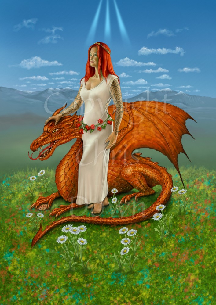 A woman with long red hair and wearing a white dress with roses around her waist stands barefoot, facing to the left. Her right hand rests on the head of a red-gold coloured dragon crouched on the floor next to her, looking in the same direction. They stand on grass, with flowers all around them. Mountains can be seen in the distance, and the sky is blue with a few clouds. The Awen symbol shines down from above them.