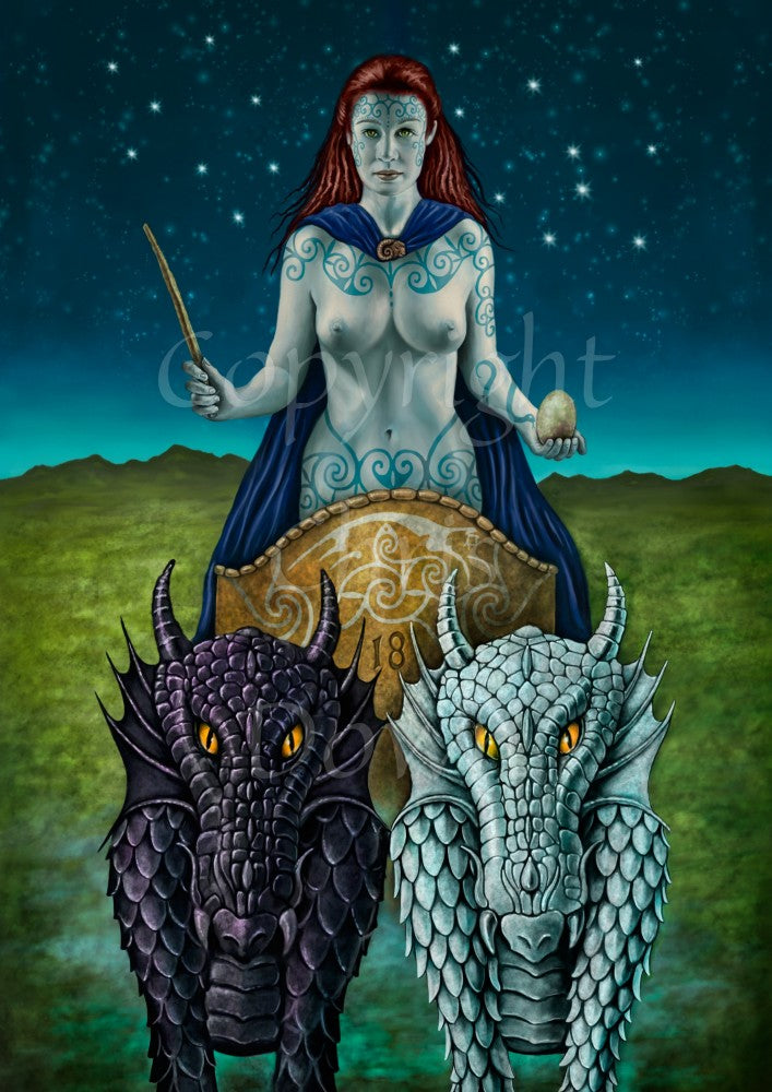 A naked tattooed woman stands in a gold chariot facing the viewer. She has long red hair and is wearing a blue cloak, thrown back over her shoulders. In her left hand she carries an egg. In her right hand she carries a short stick. The chariot is drawn by two dragons with orange eyes, also directly facing the viewer. The dragon on the left is black, the one on the right is white. Grassland spreads out behind her, leading to a starlit night sky.