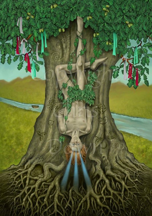 A naked man (naughty parts covered with ivy) with ginger hair hangs upside down, against the trunk of a large oak tree.  His arms are crossed behind his back, and one leg is folded under the other (straight) leg. Three beams of blue light shine from his head. The roots of the tree are visible beneath him. The oak is in leaf, and acorns can be seen in the leaves. Coloured strips of cloth hang from the lower branches. A stream flows by behind the tree, and a basket or pot is being carried by the water.