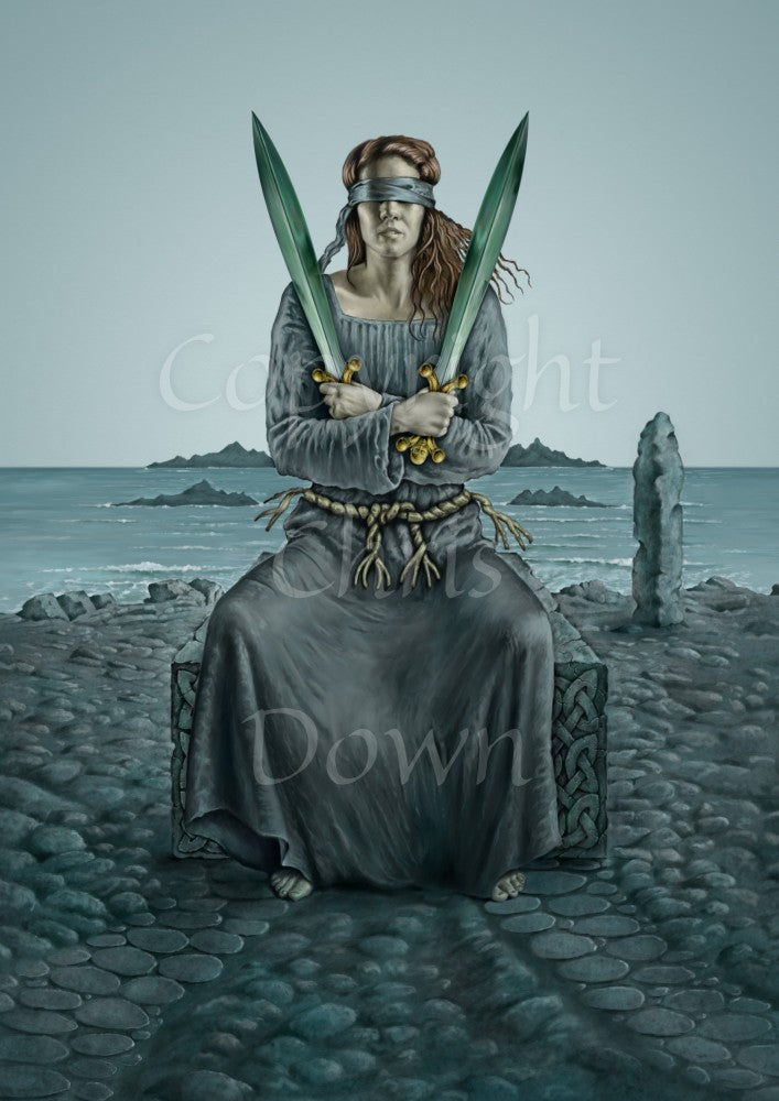 A blindfolded woman in a long grey dress and barefoot sits on a block of stone. Her arms are crossed in front of her, and in each hand she holds  a sword upright. The ground around her is covered in grey cobbles, and leads to the sea, where rocky outcrops can be seen protruding. To the right is a standing stone. The sky is a plain grey-blue.