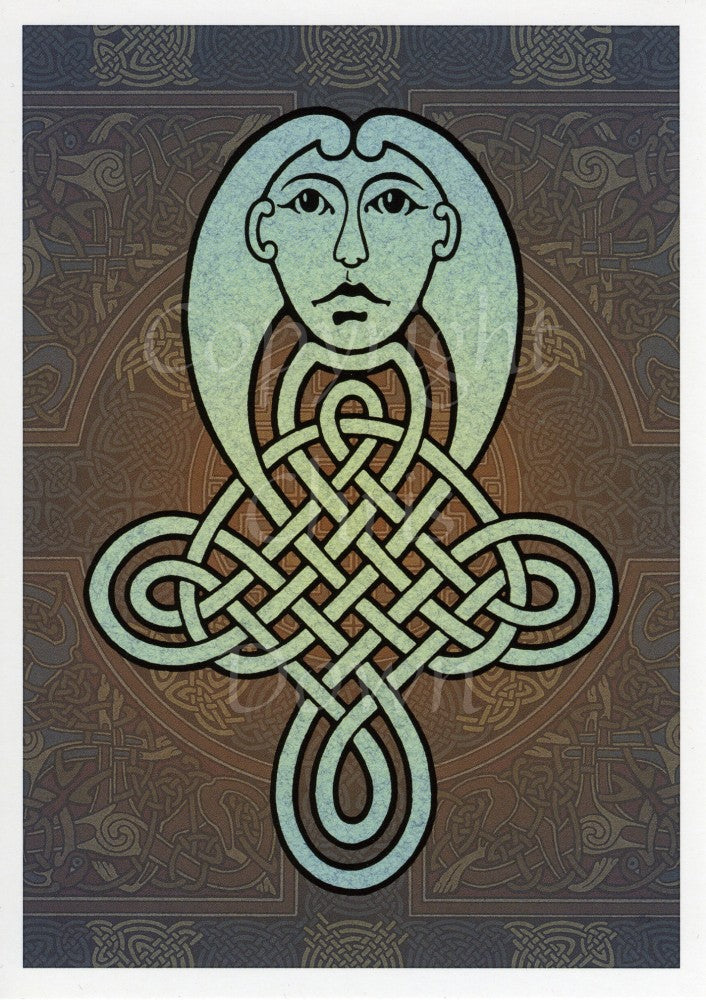 A pale blue four-corned Celtic knot with a simple human head design above. Part of the knot opens out to form hair for the head. The background is a blue and brown faded complex Celtic design.