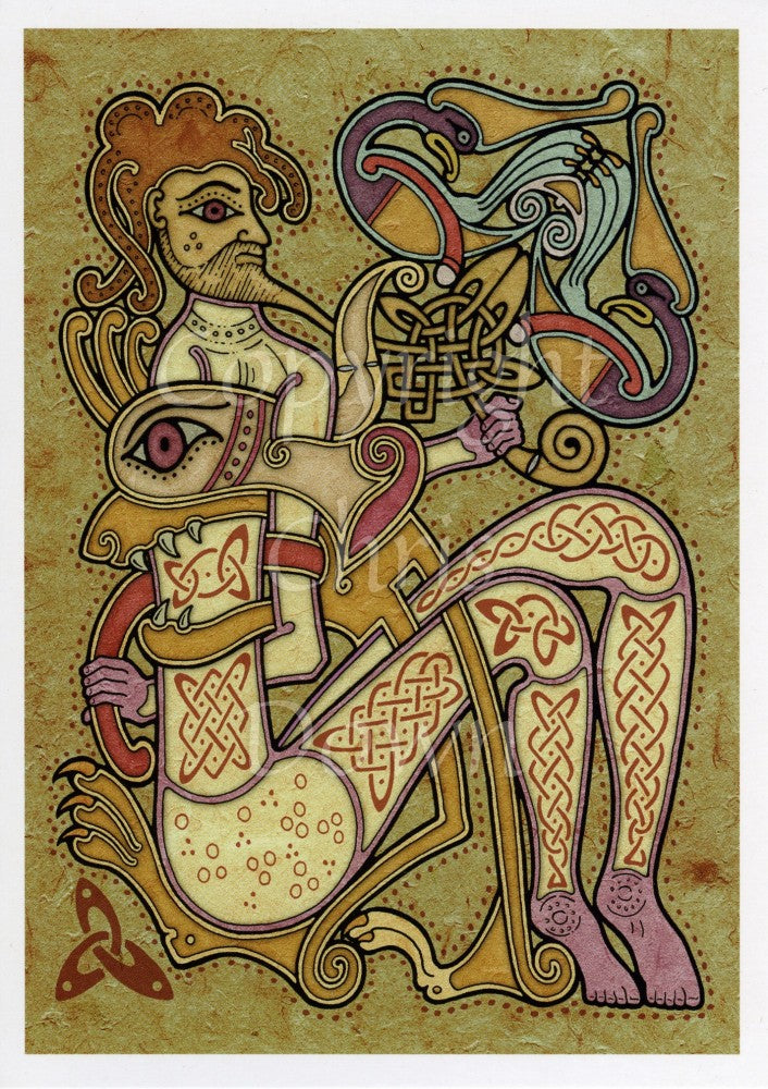 A bearded man drawn in Celtic style dominates the design. He is seated on the ground, knees up, facing to the right. Wrapped around him, with its head held upwards in front of the man, is an animal. The head is very large, about the size of the man's head and torso, and shaped like the head of an insect. The eye sockets resemble the bodies of birds, and the neck is a Celtic knot. Colours are browns, cream, pinks and purples.