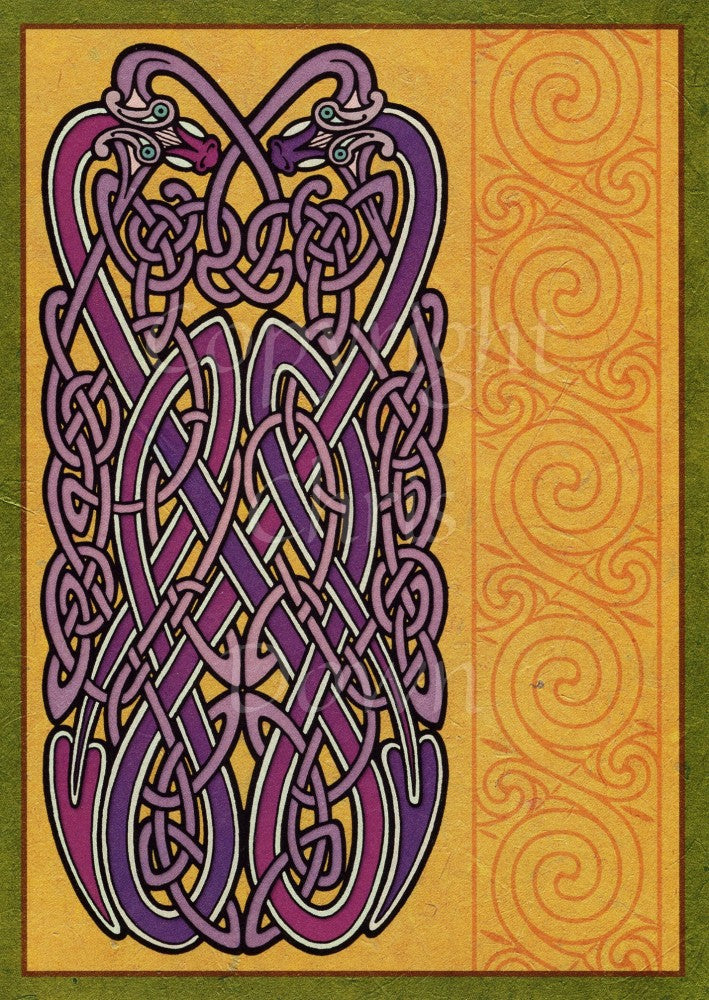 A complex Celtic design comprising two intertwined Celtic-style serpents, heads facing upwards. A ribbon of Celtic knotwork runs vertically to the right. The background is dark beige with a dark green border. Main design colours are deep pinks and purples.