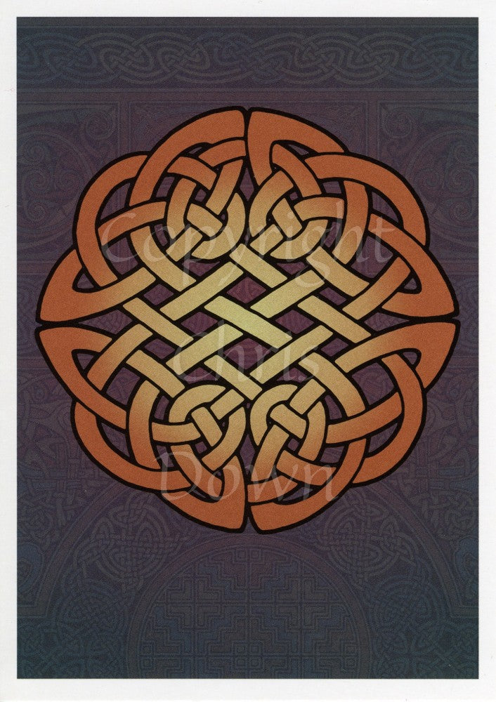 A tightly-woven Celtic knot, orange in colour but more yellow towards the centre. The background is a faded complex Celtic pattern in blue and purple.