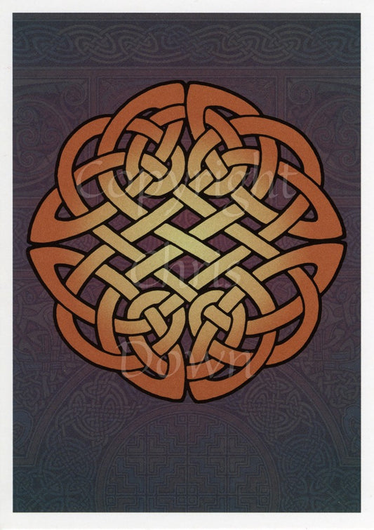 A tightly-woven Celtic knot, orange in colour but more yellow towards the centre. The background is a faded complex Celtic pattern in blue and purple.