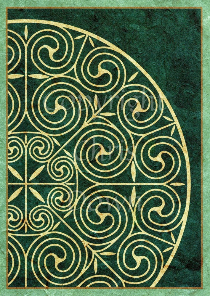 Illustration of part of a circle containing intricate Celtic swirls. The design is tan in colour, on a green background with a paler green border.