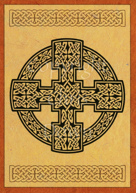 A Celtic cross design. Traditional Celtic knotwork is in the centre of the cross. Two bars of Celtic knotwork run above and below the cross. The background is a beige pattern, with an orange border. the Celtic design is black.