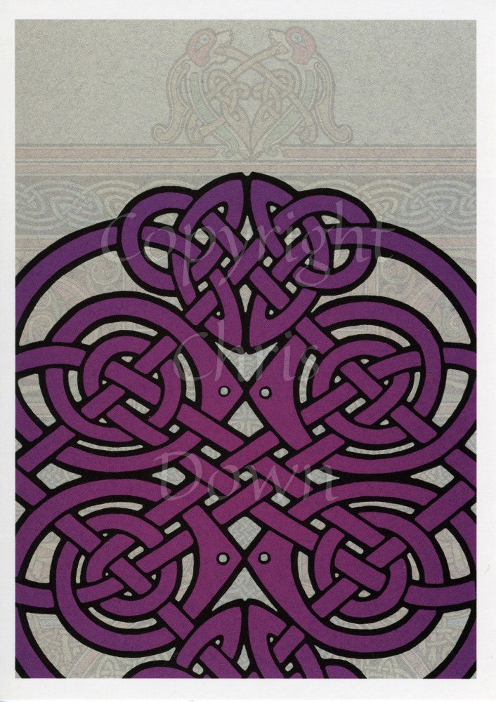 Design showing just the top two thirds, minus the left and right edges, of a purple Celtic knotwork design. The background is a faded pattern of two Celtic birds sitting on knotwork.