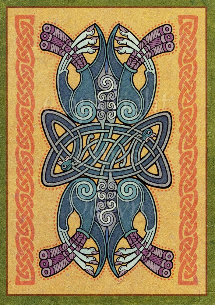 A complex Celtic design comprising two intertwined Celtic-style birds. Ribbons of Celtic knotwork run vertically to the sides. The background is dark beige with a dark green border. Main design colours are teal, pale blue, and deep pink.