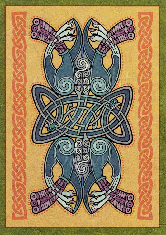 A complex Celtic design comprising two intertwined Celtic-style birds. Ribbons of Celtic knotwork run vertically to the sides. The background is dark beige with a dark green border. Main design colours are teal, pale blue, and deep pink.