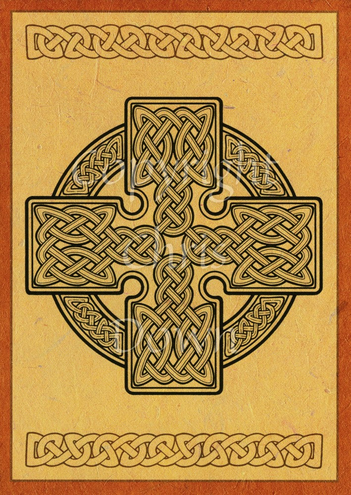 A central Celtic cross design with Celtic knotwork inside the outline of the cross, and more knotwork in the outer ring. Colours are mostly dark beige and black. There's a dark orange border, and a simple horizontal Celtic knot design across the top and bottom.