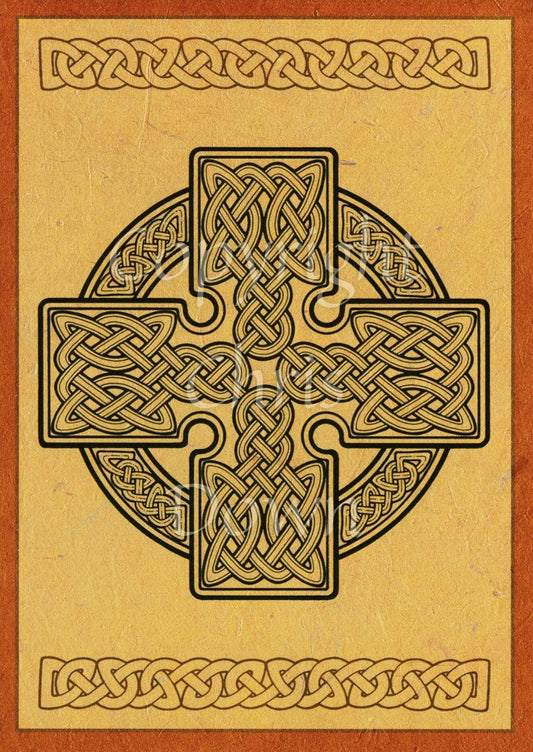 A central Celtic cross design with Celtic knotwork inside the outline of the cross, and more knotwork in the outer ring. Colours are mostly dark beige and black. There's a dark orange border, and a simple horizontal Celtic knot design across the top and bottom.